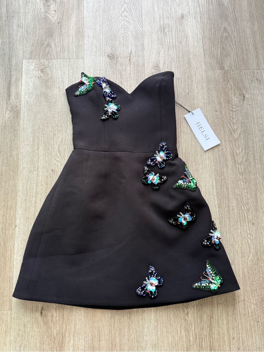 helis kim black 3d butterfly applique strapless sweetheart mini dress size XS
